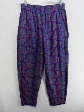 HEIRLOOMS Pants Womens L Paisley Tapered Elastic Waist Rayon Purple HK VTG